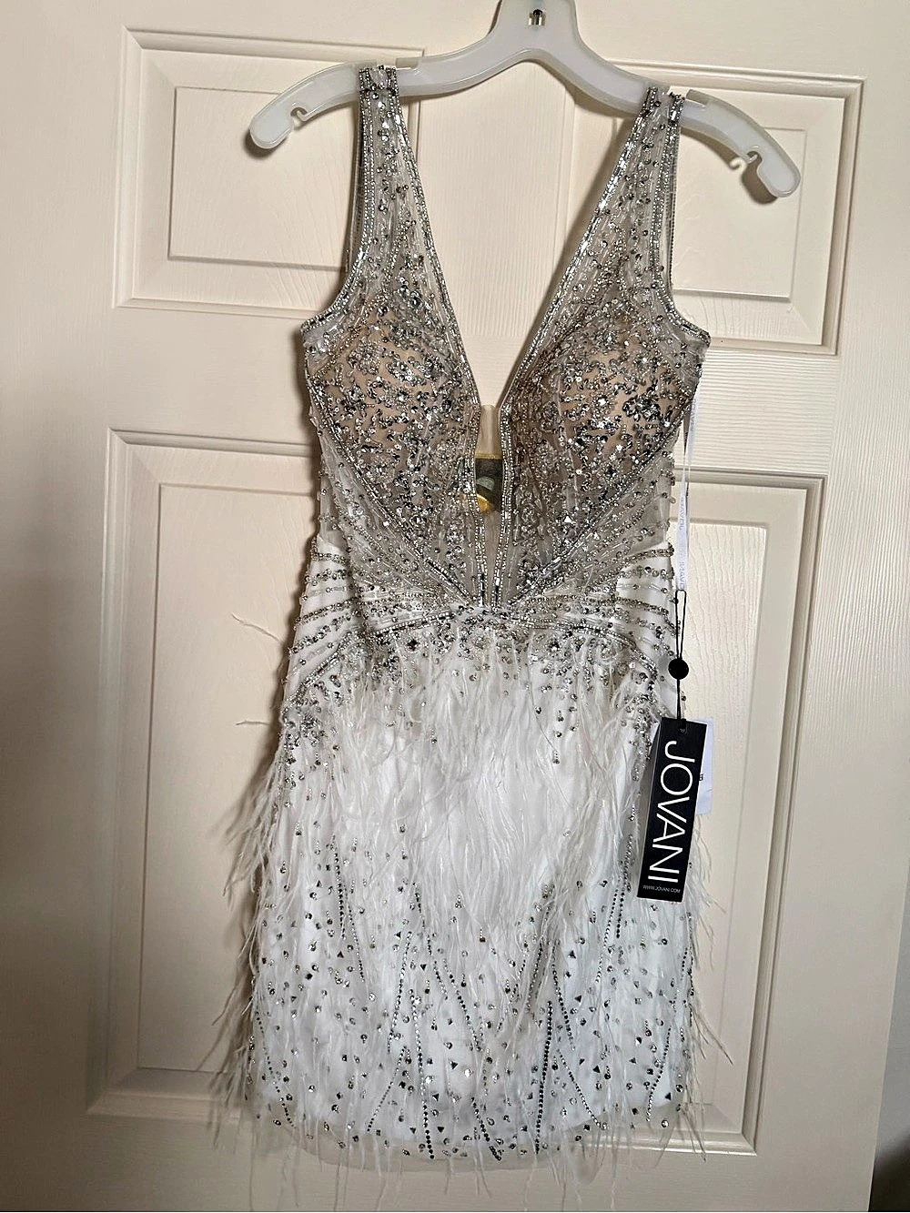 Jovani 05535 White Embellished Feather Dress Feathered Sequin Mini Dress in